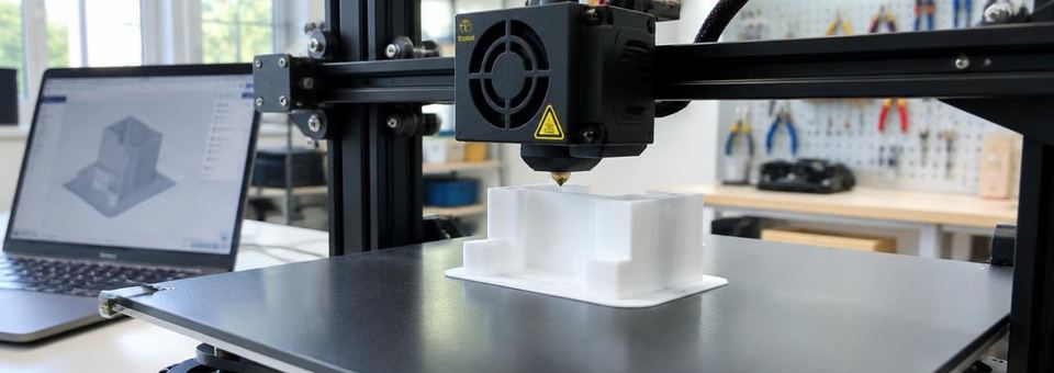 3D-Drucker fertigt ein Bauteil in einer hellen Werkstatt