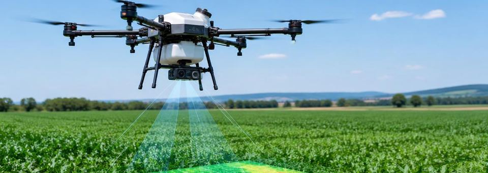 Agrardrohne über einem grünen Feld mit Sensordaten