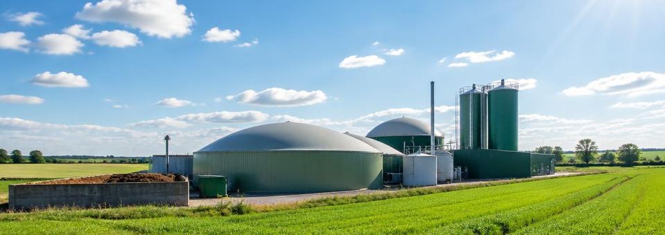 Biogasanlage neben grünen Feldern