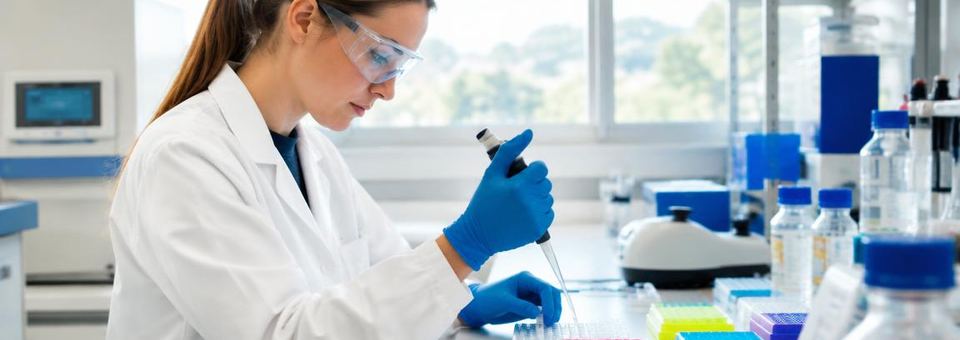 Wissenschaftlerin pipettiert Proben im Biotechnologielabor