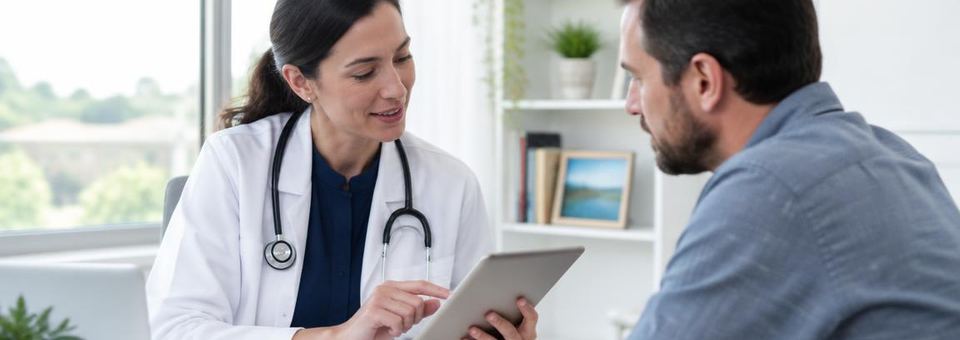 Ärztin bespricht Befunde am Tablet mit einem Patienten