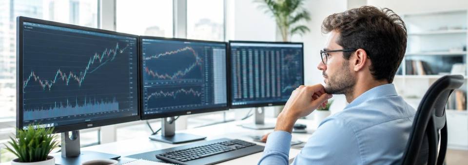 Arbeitsplatz mit Finanzdiagrammen auf mehreren Bildschirmen