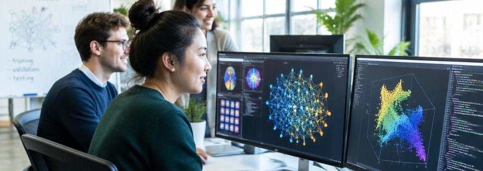 Forschungsteam vor Bildschirmen mit Visualisierungen künstlicher neuronaler Netze