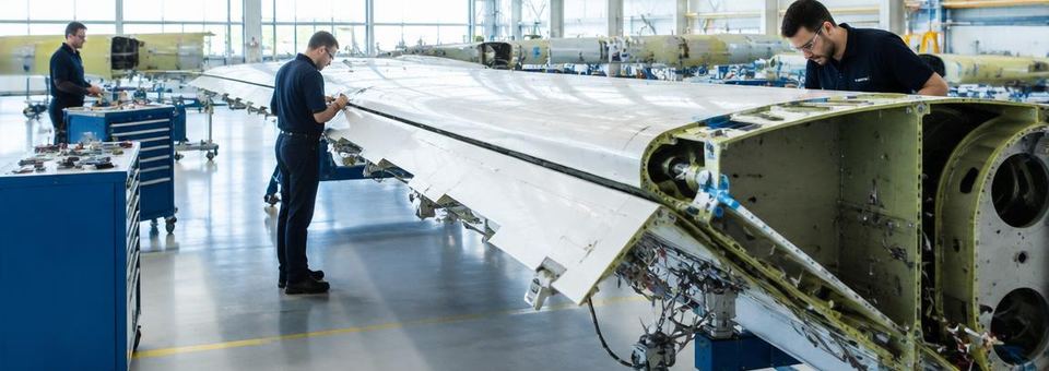 Montage eines Flugzeugflügels in einer hellen Halle