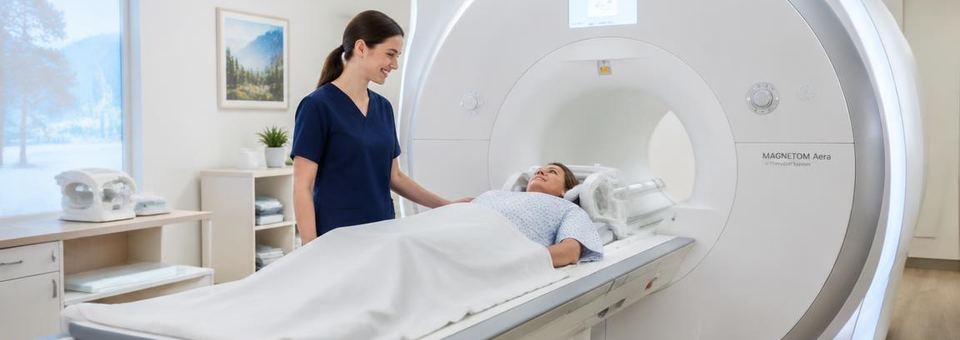 Moderner Kernspintomograf in einer hellen Klinik