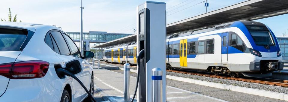 Elektroauto an einer Ladesäule neben einem modernen Zug