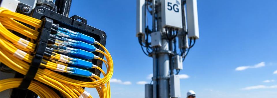 Glasfaserkabel und Mobilfunkmast vor blauem Himmel