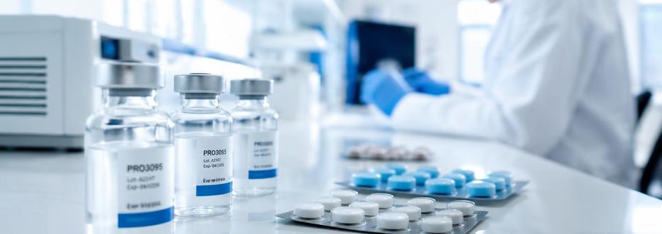 Arzneimittelforschung mit Fläschchen und Tabletten im Labor