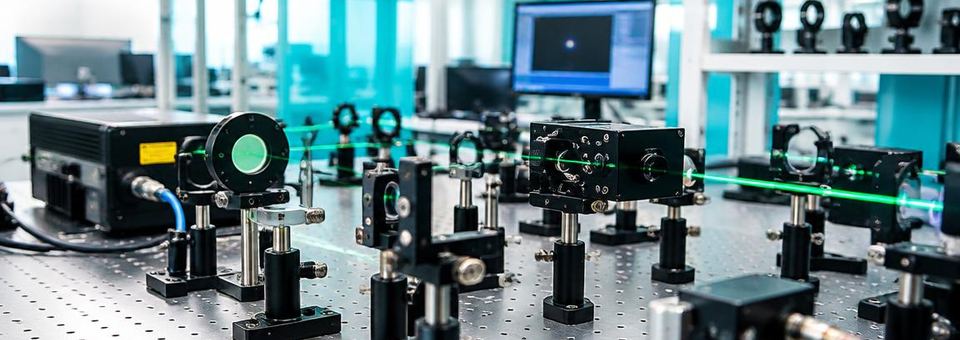 Optischer Laboraufbau mit Laserstrahlen und Spiegeln