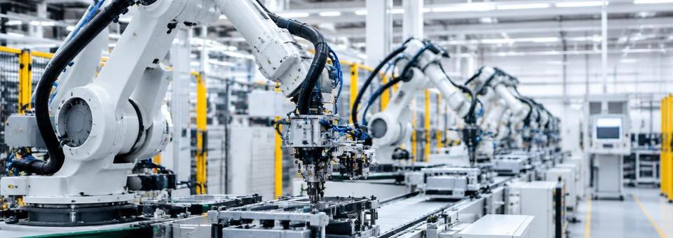 Roboterarme an einer Fertigungslinie in einer hellen Fabrik