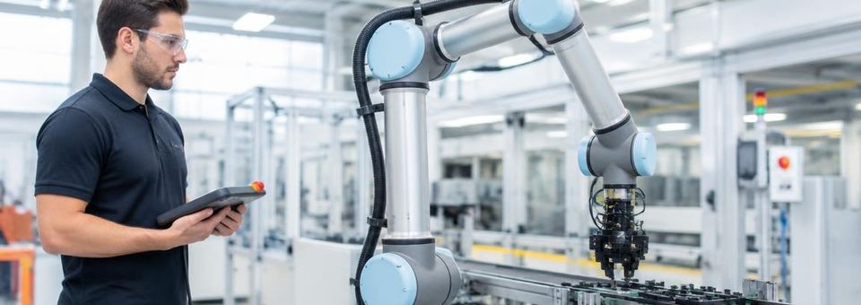 Kollaborierender Roboterarm in einer hellen Fertigung