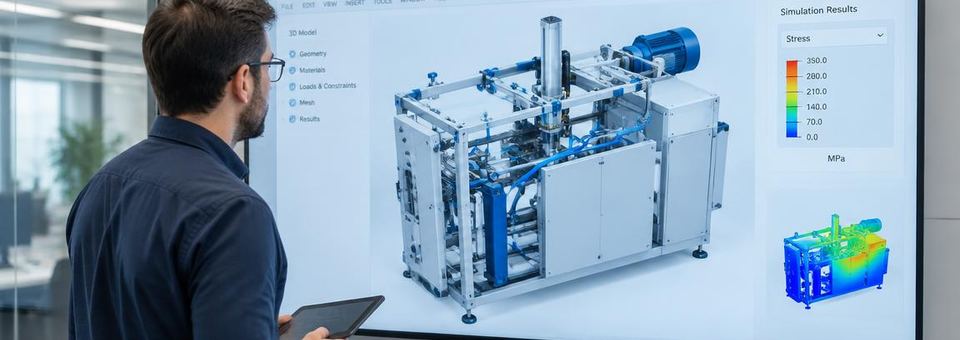 Ingenieur betrachtet eine Maschinensimulation auf einem großen Bildschirm
