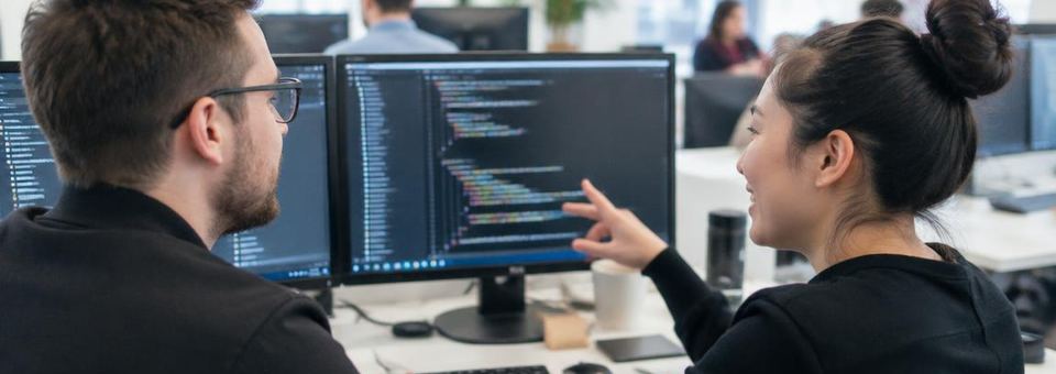 Entwicklerinnen und Entwickler arbeiten gemeinsam an Quellcode
