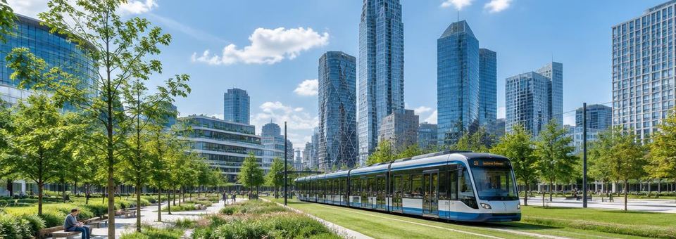 Moderne Stadt mit Straßenbahn und begrünten Plätzen
