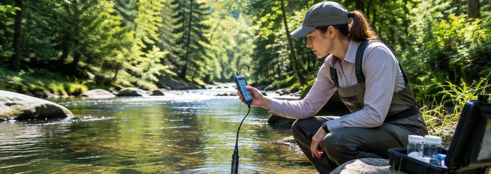 Forscherin misst die Wasserqualität an einem Fluss im Wald